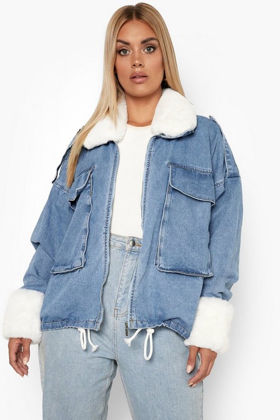 Avec les filles faux outlet fur trim denim parka