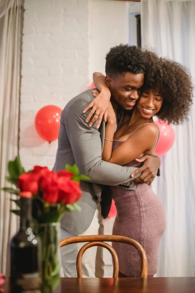 Black couple in an embrace on valentine's day